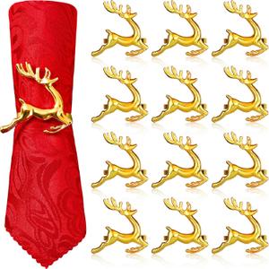 WILLBOND 12 Pcs Deer Napkin Rings Gold Christmas Antler Reindeer Buckle for Cloth Napkins Holiday Dinners Parties, Wedding Adornment, Table Decoration Accessories