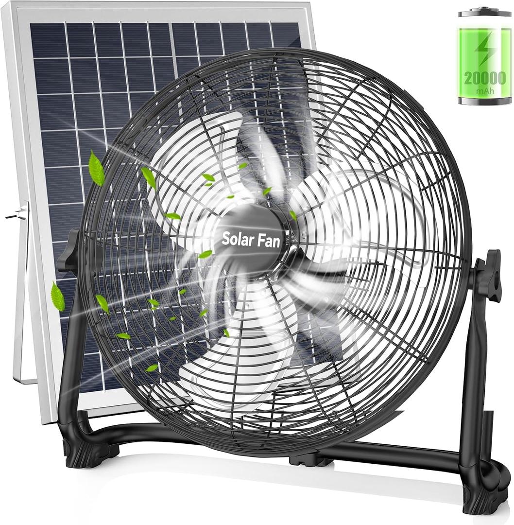 18" Solar Powered Fan - Rechargeable Floor Fan with Solar Panel & AC Charging, 60H Runtime Battery, Cordless Portable Outdoor Fans for Home Camping RV Patio Gazebo Greenhouse Power Outage