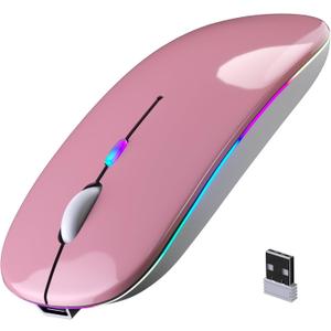 Wireless Bluetooth Mouse, Rechargeable, LED, Silent, Ultra-thin Design (Bluetooth 5.2 and 2.4GHz USB Receiver) | Portable Computer Mouse for Laptops, iPads, MacBooks and Apple Devices (Rose gold)