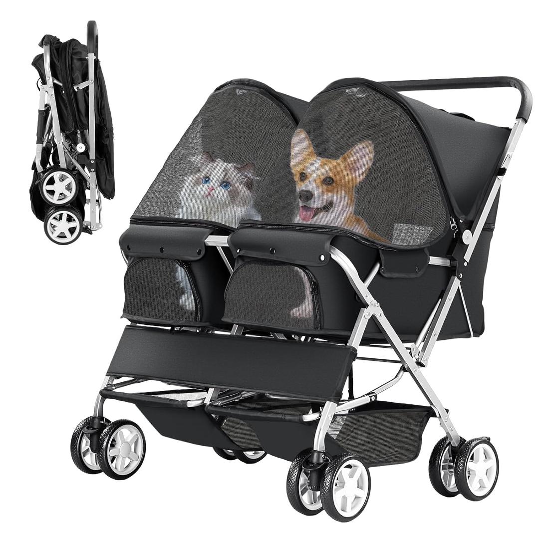 Double Pet Stroller for 2 Dogs & Cats, Side-by-Side, Black