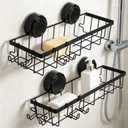 Shower Caddy Suction Cup Adhesive with Hooks, Heavy Duty Shower Shelves Storage Organizer for Bathroom, No Drilling Bathroom Shelf with Large Capacity, Black Metal Storage Basket