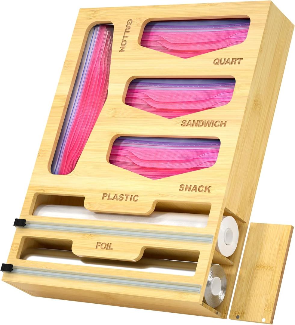 LUYABA 6 in 1 Bag Organizer and Wrap Dispenser with Magnetic Lid - Plastic Wrap Dispenser with Cutter for Kitchen Drawer, Storage for Gallon, Quart, Sandwich, Snack Bags, and Foil Beige