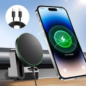 15W Wireless Fast Charging Phone Mount Holder for Tesla Model Y Model 3, Magnetic Phone Charger Compatible with iPhone 12 to 17 Series and Android, with 5ft C to C Cable (NOT fit Model 3 2024 2025)