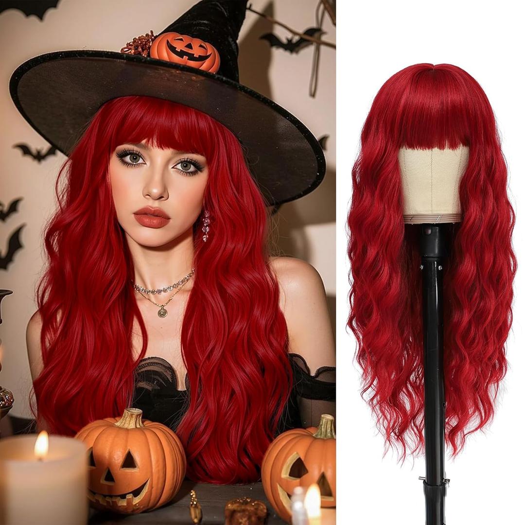 VERNA Red Wig with Bangs, 26 Inch Long Red Wigs for Women, Natural Looking Wig, Middle Part Curly Wavy wig, Heat Resistant Synthetic Wig for Halloween Cosplay Constume(Red)