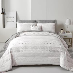 Boho Comforter Set King Size,7 Pieces Grey White Geometric Bohemian Bed in a Bag Comforter Complete Striped Bedding Set for All Season with Sheets, Pillowcases & Shams Soft Microfiber