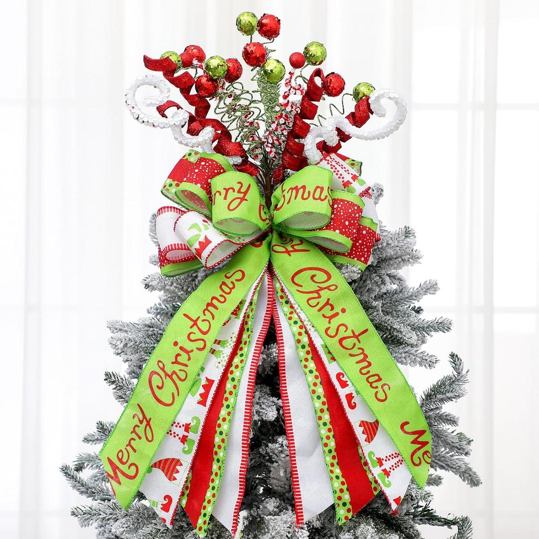 Liliful 23 Inch Large Red Green Christmas Tree Topper Bow Lime Green Tree Topper Glitter Sequins Ball Curly Whimsical Picks for Xmas Holiday Home Indoor Outdoor Decor