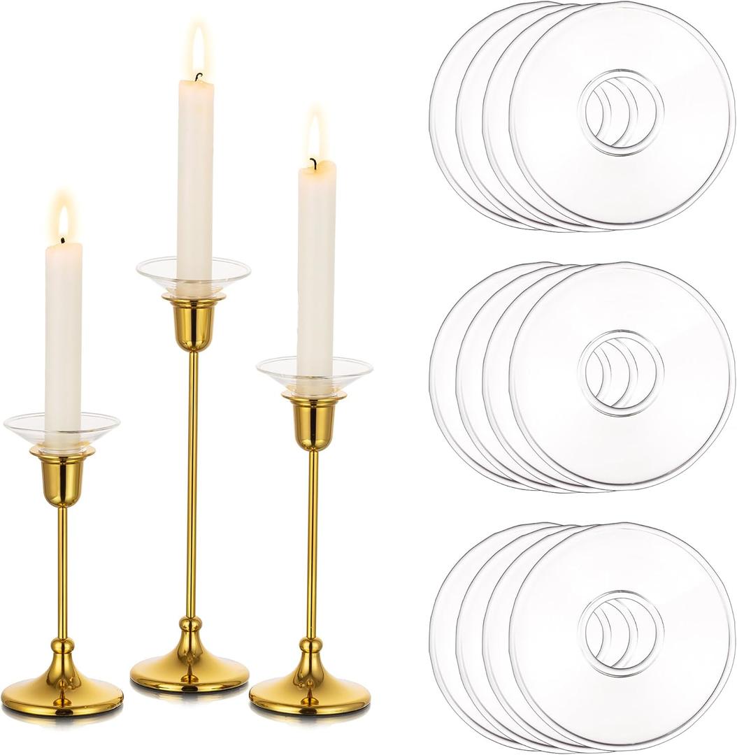 Glasseam Candle Drip Protectors for Candle Stick Candle Holder, Clear Glass Bobeches for Candlesticks Set of 12, Round Wax Catchers for Candles, Taper Candle Holders for Table Centerpiece Wedding