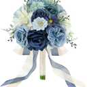Wedding Bouquets for Bride Bridesmaid 8.5 Inch Dusty Blue Artificial Roses Flowers Bridal Bouquets for Bride Wedding Marriage Proposal Party Church Decoration