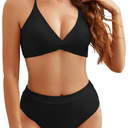 Dazosue High Waisted Bikini Sets Criss Cross Back V Neck Bathing Suits High Cut Two Piece Swimsuits, Black, Medium