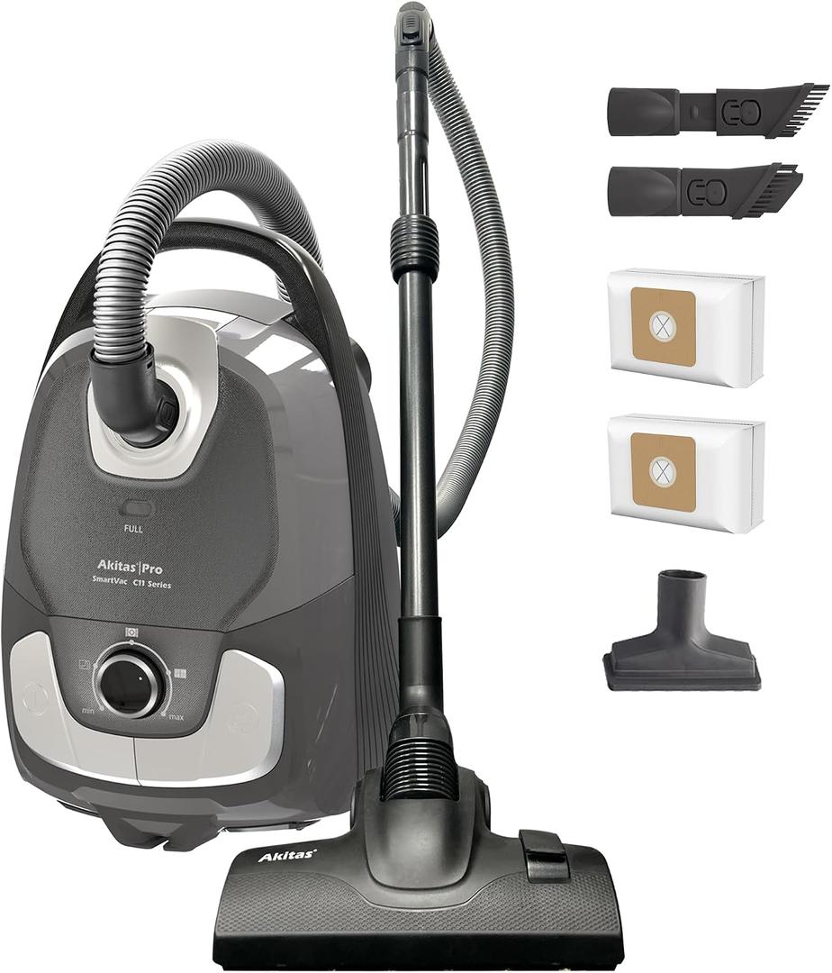 Akitas C11 Bagged Canister Vacuum Cleaner, Light Weight HEPA Filtration, 33ft Cleaning Radius with Retractable Cord, Ideal for Hard Floors & Low-Pile Carpet Extra Floor Brush