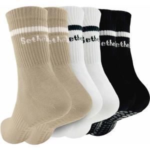 Pilates Socks for Women with Non Slip, Striped Crew Grip Socks for Pilates, Barre, Dance & Home Workout, Anti-Skid Socks with Grip 3 Pairs - Beige/White/Black