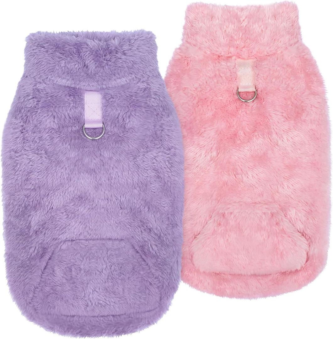 Idepet Fleece Dog Sweater Vest 2 Pack, Small Dog Clothes Sleeveless with Leash Ring and Pocket, Warm Puppy Sweatshirt Pet Cold Weather Pullover for Cats (Pink+Purple, Large)