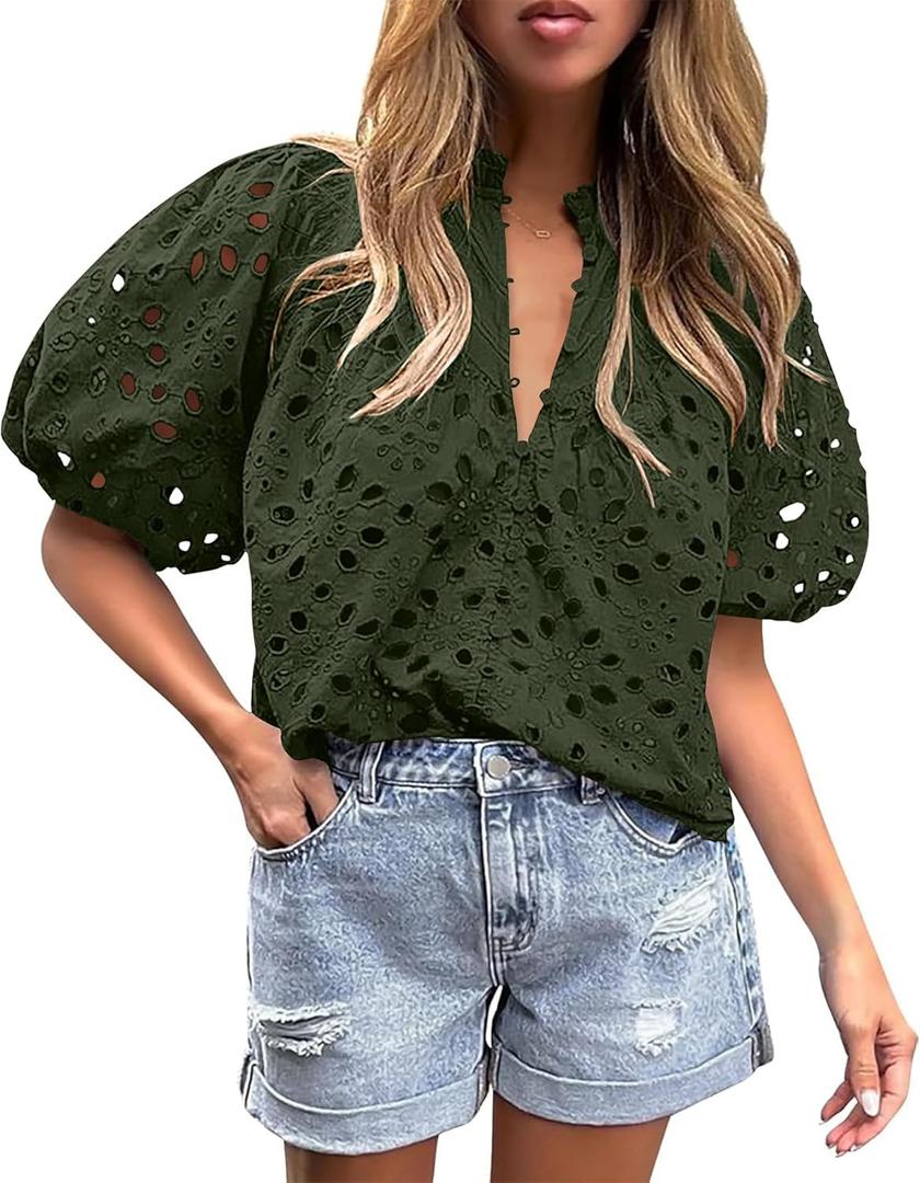 BETTE BOUTIK Women's Long Short Sleeve Tops 2025 Dressy Casual Button Hollow Out Lace Embroidered Blouses Shirts (Green, XXL)