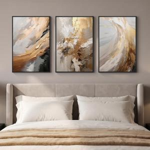 Framed Neutral Gold Abstract Wall Art for Bedroom, 3 Piece Set, 16x24 In, 16" W x 24" H x 3pcs
