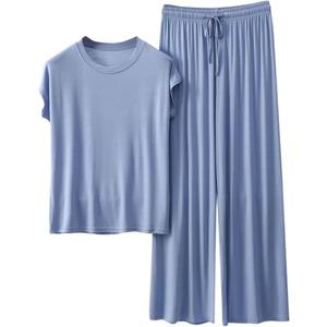 Two Piece Pajama Set For Women Pants Short Sleeve Pullover Tops Outfits Summer Fall Casual Loose Lounge Sets Pj XX-Large, Light Blue 