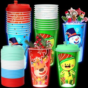 24 Sets Christmas Party Cups for Kids, 16OZ Glow Christmas Plastic Cup for Holiday Movie Night Party Favors Supplies Decorations, Holiday Decor