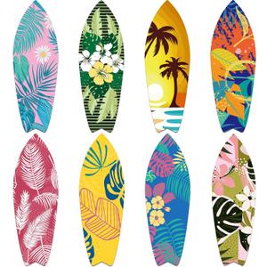 8 Pcs 9 1/2" x 28" Surfboards Cut Out Cardboard Tropical Beach Decorations Surf Board Wall Decoration Hawaiian Party Wall Decor Graphics Surfboard Sign for Summer Pool Surf Party
