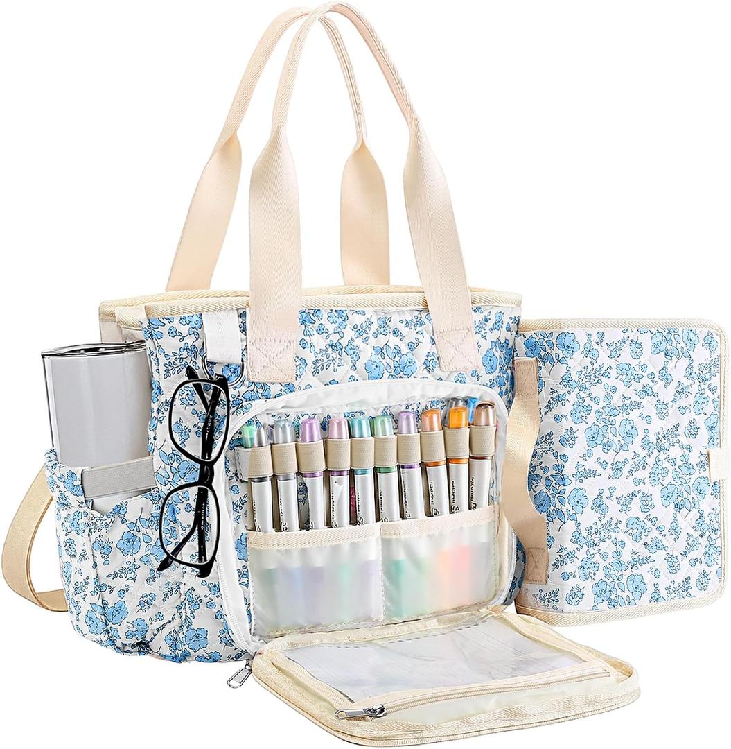 Large Bible Tote Bag with Cover Case Women Blue Floral Quilted Multi Pocket, 7.48 x 10.43 x 4.13 inches