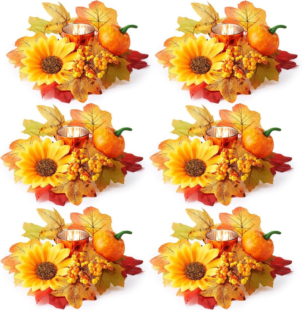 Umigy Set of 6 Fall Votive Candle Holders Thanksgiving Centerpieces Fall Candle Rings Wreaths with Glass Votive Tealight Holders for Table Decor(Maple Leaf, Bright Color)