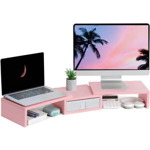 TEAMIX Pink Dual Monitor Stand Riser with Drawer - Length and Angle Adjustable Double Corner Desk Shelf Organizer 37 inch for 2 Laptop/PC/Screen/TV