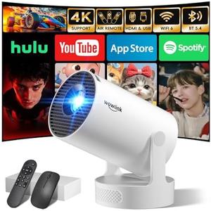 [Built-in Apps & 2026 Upgraded] Mini Projector with WiFi 6 and Bluetooth 5.4 Support 4K 1080P Auto Keystone 180° Rotatable Projector Portable Compatibile with HDMI/TV Stick/Memory Stick/Laptop, White