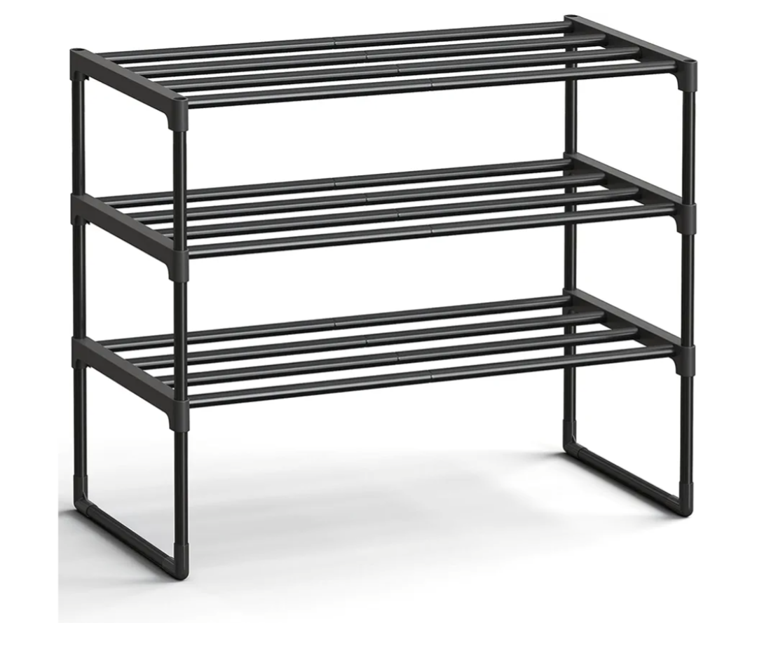 SONGMICS Shoe Rack, 3-Tier Shoe Organizer, Metal Storage Shelf, Upright or Upside Down, for 8-12 Pairs, Stackable, for Entryway, 11.8 x 26.8 x 21.7 Inches, Black ULSA203B01