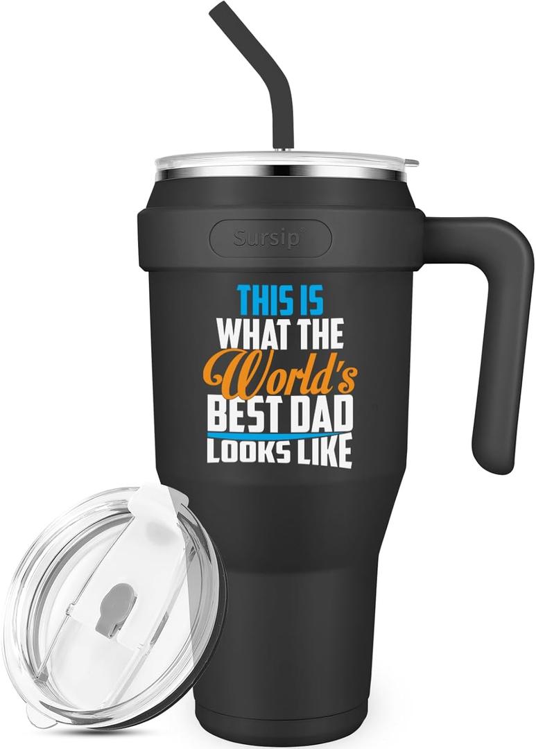Sursip 40 oz Insulated Tumbler with Handle and Straw-Stainless Steel Vacuum Insulated Mug,Gifts for Women Men Him Her,Iced Tea or Coffee,Drinks Cold up to 24 Hours,Fit Car Holder(Black)