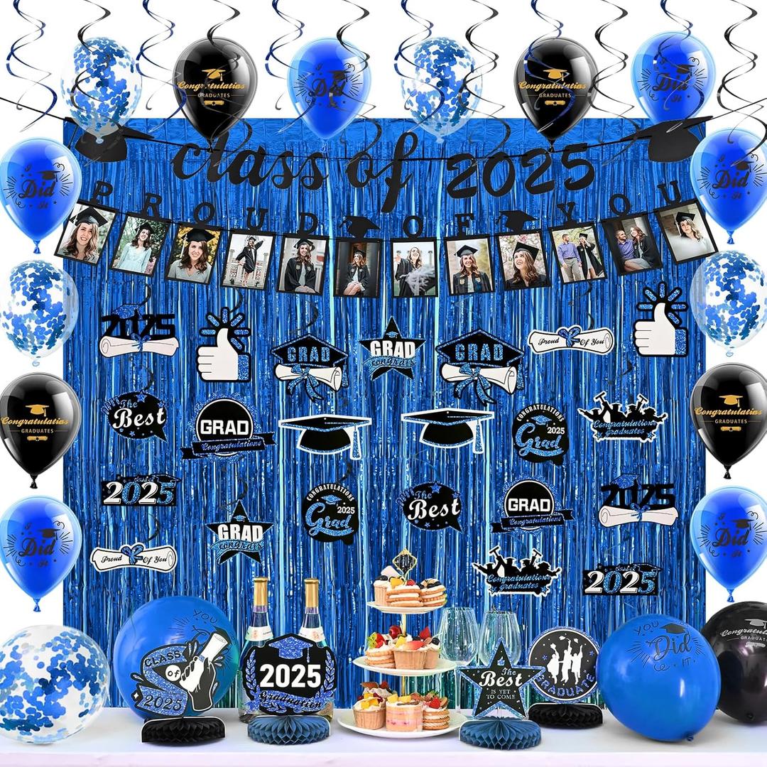 FRAMICS Graduation Decorations 2025, Graduation Banner Class of 2025, Graduations Photo Banner, Tinsel Backdrop Curtains, Ballons & Streamers Kit, Graduations Party Decorations, 82 Pieces, Blue