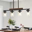 29.3'' Kitchen Pendant Lights, 4-Light Dining Room Light Fixture Chandelier Over Table, Black Modern Rustic Wood Ceiling Pendant Light Fixtures, with Clear Glass Shade, Farmhouse Chandelier