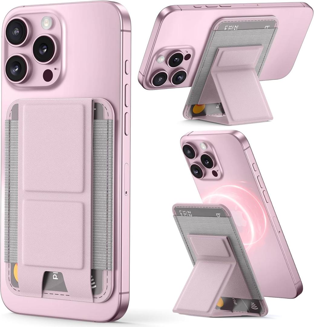 Magsafe Wallet with Angle Adjustable Stand, Magnetic Card Holder for iPhone 16/15/14/13/12 Series (Not for iPhone Mini), 1 Slot, 6 Cards, Pink