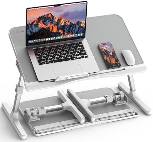 Adjustable Laptop Stand for Bed, Potuopy Leather Laptop Desk Bed with Foldable Legs, Portable Bed Table Tray Tray on Couch Floor Bed for Writing Eating Drawing Working, Grey (21.65"*13")