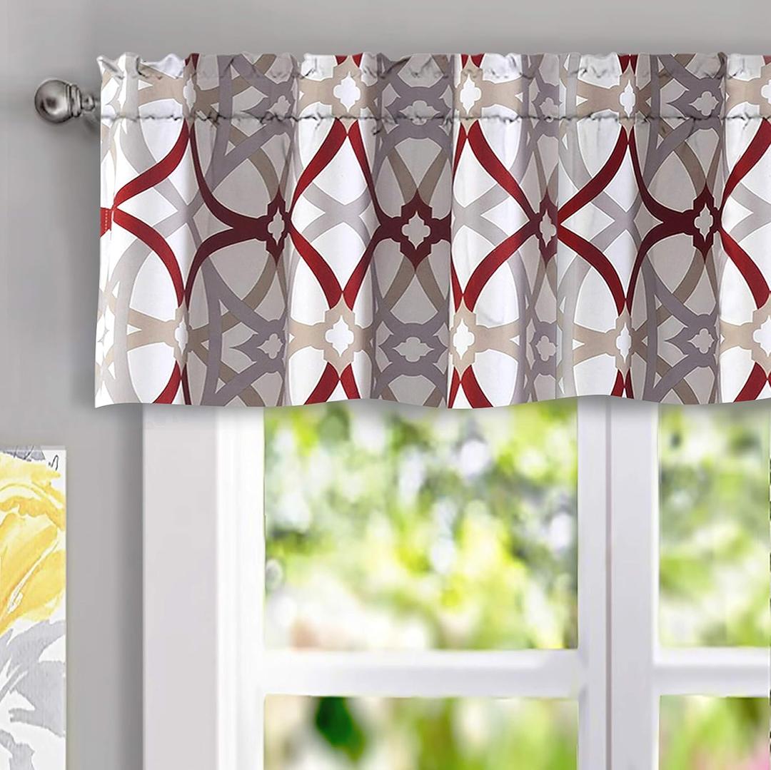 DriftAway Alexander Pattern Match Blackout Valances for Windows 250GSM Geometric Moroccan Mid Century Rod Pocket 52 Inch by 14 Inch Plus 1.75 Inch Header Red and Gray 1 Pack