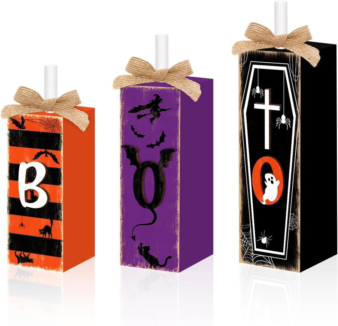 3 Pcs Boo Halloween Sign Wooden Tiered Tray Decor, Witch Black Cat Cross Coffin Table Decor 3D Carving Craft Halloween Decorations Party Tabletop Centerpieces for Home Kitchen Indoor Mantel