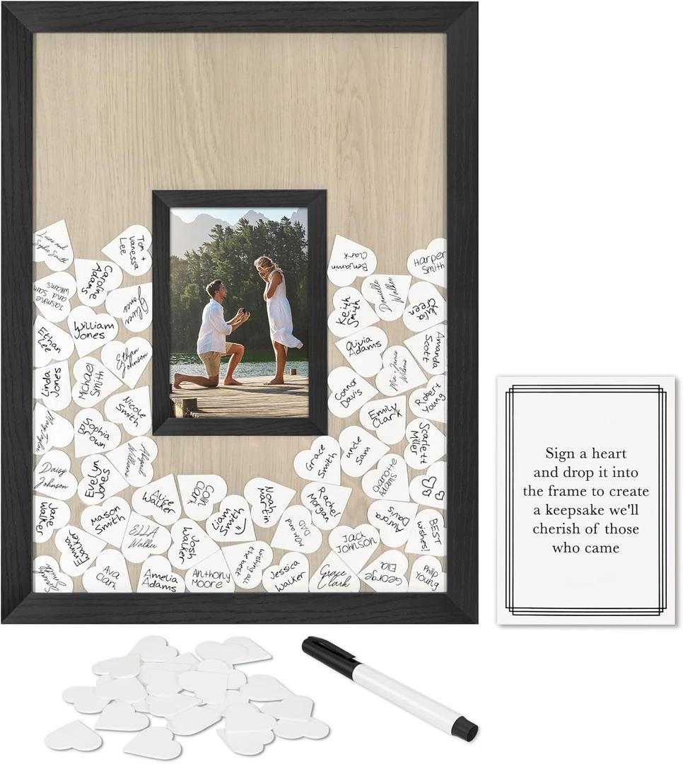 Americanflat 12x16 Wedding Guest Book Alternative with 80 Heart Tokens - Fits 4x6 Photo - Token Shadow Box - Ideal for Wedding Reception Guest Book, Wedding Decorations, Bridal Showers - Black