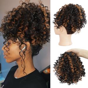Curly Drawstring Ponytail Extension for Black Women Ponytail Extension Drawstring Ponytail Curly Hair Extensions for Women Short Ponytail for Black Women(Black with Caramel Brown) (2H30)