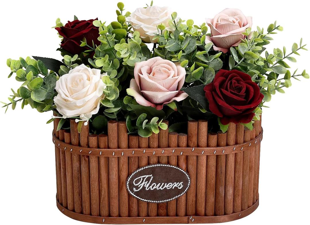 Table Centerpieces for Dining Room, Pre-Made Dining Table Centerpiece Decor, Wooden Vase Flower Arrangements for Coffee Table Farmhouse Kitchen Living Room (Burgundy Dusty Pink)