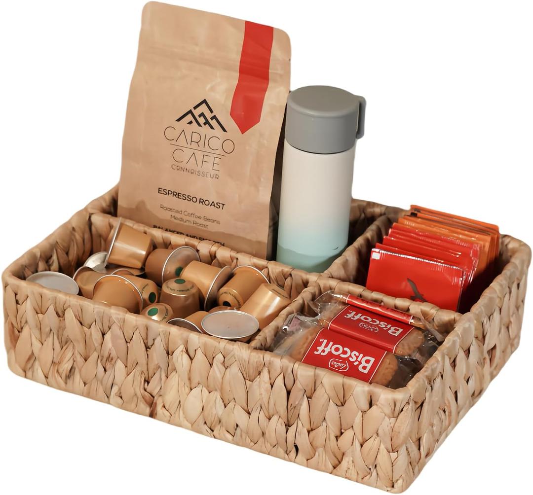 PINXIURY Water Hyacinth tea bag holder, Coffee pod Storage Baskets with Dividers, Woven Coffee and Tea Wicker Organizer, Home Storage, for Bathroom, Living Room, Office, Pantry Room, Kichen Island