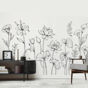 Large Black and White Flower Wall Decals Simple Modern Minimalist Garden Flower Wall Stickers Peel and Stick Floral Wall Art Decor for Girls Bedroom Living Room Office Adult Home Decor Gift for Mom