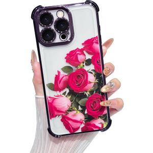 Yeddabox Compatible for iPhone 15 Pro Max Case, Clear Rose Flower Electroplated Cover with Airbag Shockproof Slim Soft TPU Phone Case for Women Girls, Purple