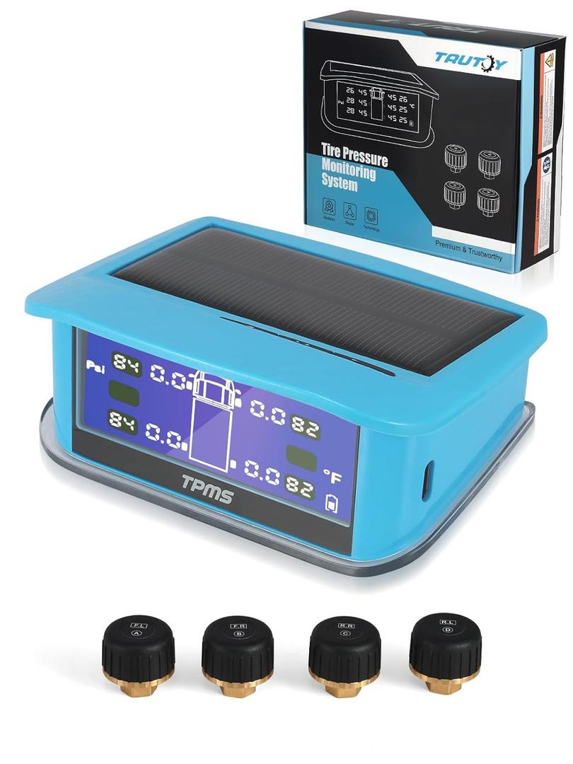 RV Tire Pressure Monitoring System, 1 Solar Type-C Charge Monitor & 4 Pure Copper Sensors, Caravan/pickup/truck TPMS, LCD Monitor with Two-color indicator lights & Alarm, 10-90 PSI,2025 Updated