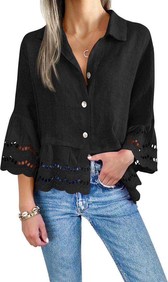 Cicy Bell Womens 3/4 Bell Sleeve Button Down Shirts Casual Ruffle Hem Tops Eyelet Blouse (X-Large, Black)