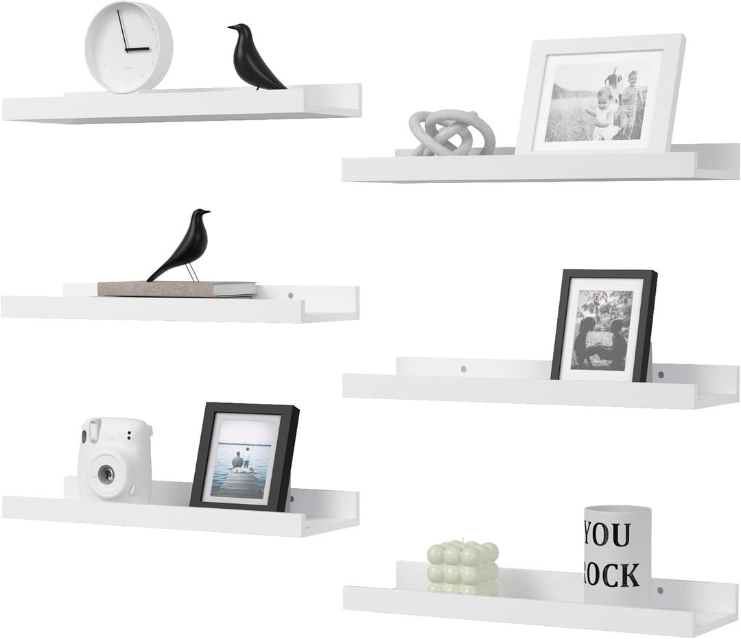 Floating Shelves Set of 6, White Wall Shelves with Lip, Display Shelves for Wall Decor, Modern Picture Ledge for Living Room, Bedroom, Nursery, Bathroom, Pictures, Books, Plants- White