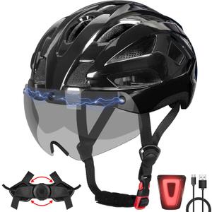 Bike Helmet Adult for Men, Lightweight Ebike Helmet with LED Light & Magnetic Goggles, USB Charging Cable Included, Cycling Helmet for Adult with Adjustable Dial Fit 22.8"- 24.4 " (Black)