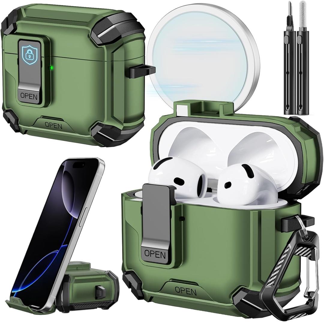 Inesore Compatible with AirPods 4th Case with Phone Stand & Cleaning Kit,Compatible with Magsafe,Magnetic Automatic Lock for Airpods 4 with Active Noise Cancellation Charging Cover (2024) (B-Dark green)