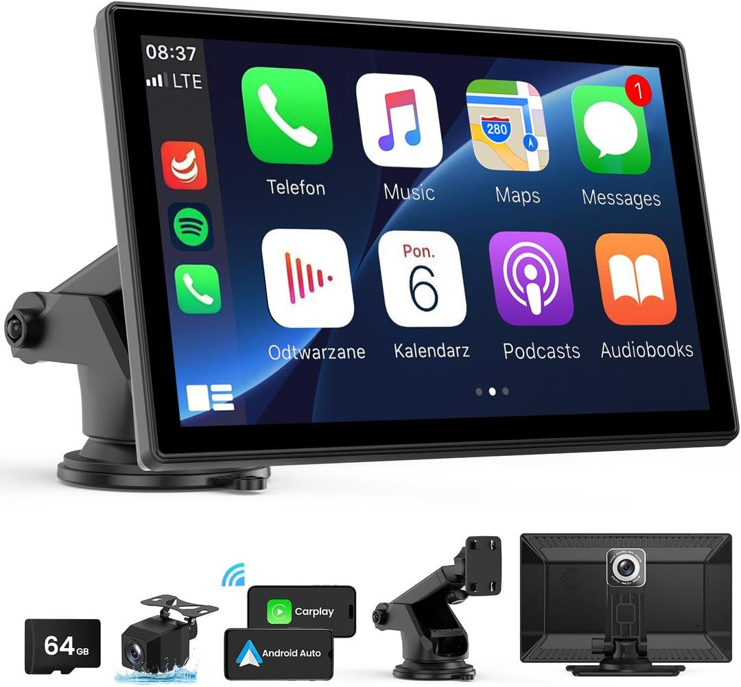 Wireless CarPlay Screen - 9'' Portable Car Stereo with 4K Dash Cam, 1080P Backup Camera, Satellite Radio, Apple CarPlay & Android Auto, GPS Navigation/ AirPlay/ Voice Control