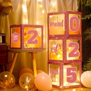 Jerify Graduation Box Decorations with Balloon and LED Light Strings Congrats 2025 Grad Party Supplies Proud of You Balloon Boxes for Class of 2025 School College Party Decor(Pink)