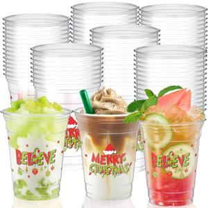 Cinrobiye 50Pcs Christmas Party Cups 12 oz Green & Red Clear Disposable Plastic Cup Bulk Green Christmas Cup for Xmas Winter Holiday Birthday Carnival Dinner Coffee Juice Hot Cold Drink Party Supplies