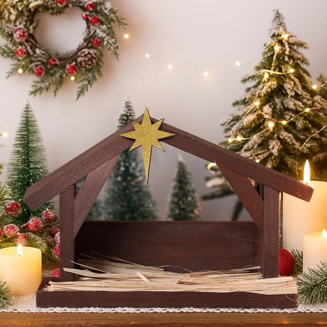 Yaomiao Christmas Wooden Nativity Manger Small Wood Nativity Scene with Roof Star 9.4 x 6.3 Inch Scale Holy Family Wooden Stable Creche Home Desk Decor