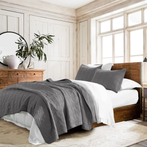 HORIMOTE HOME 100% Cotton Quilt Set Queen Size, Dark Grey Pre-Washed 3-Piece Bedspread Coverlet Set, Cozy Lightweight Stitching Bedding Cover with 2 Shams in Geometric Pattern for All Season