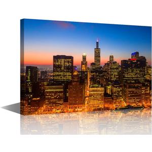 Chicago Nightscape Skyline Wall Art for Bedroom Skyscrapers Buildings Canvas Art Wall Decor Downtown Night Falls Modern Wall Art Pictures for Living Room Artwork Giclee Framed Ready to Hang 12"Wx18"H